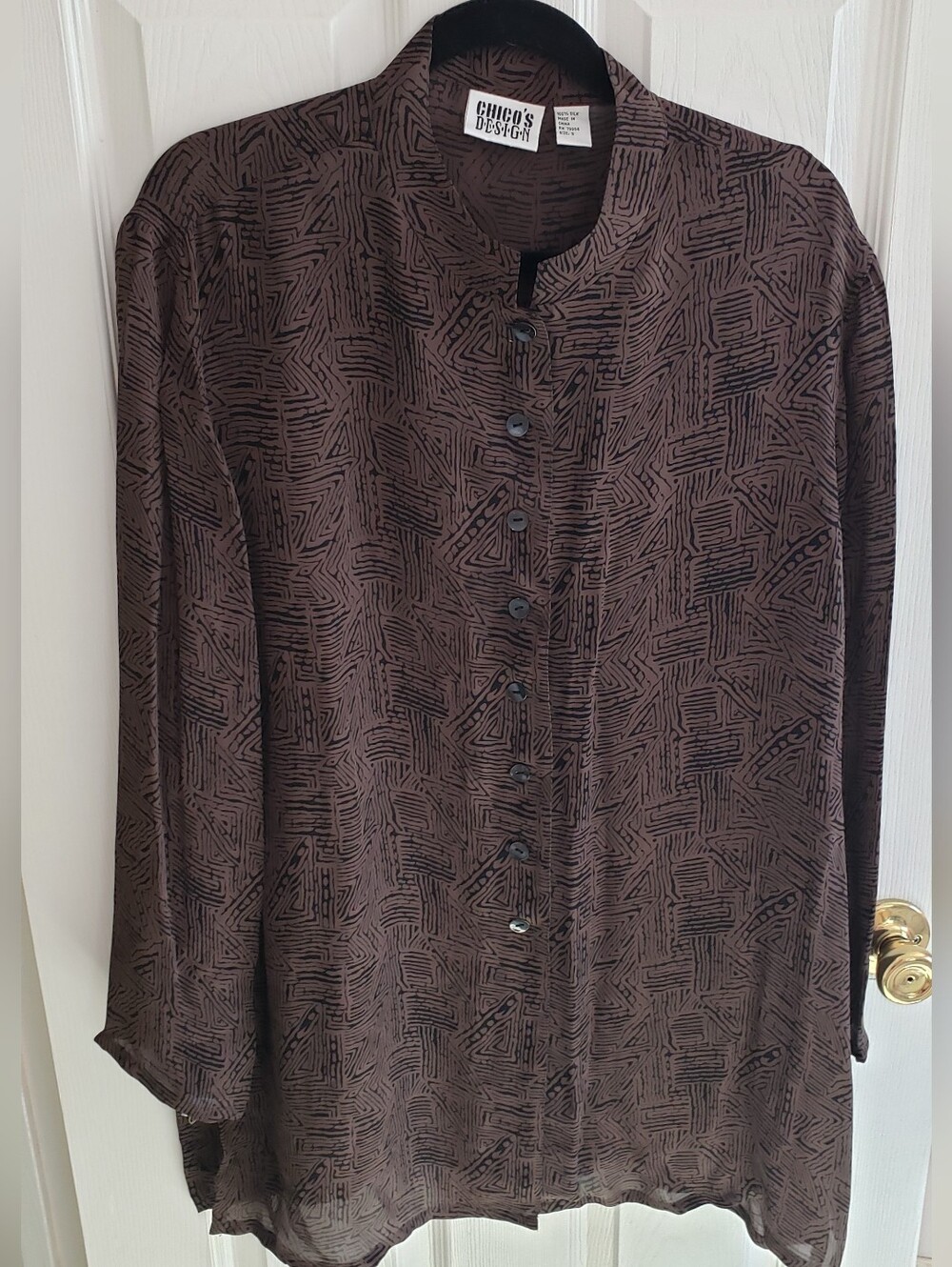 Silk Tunic Vintage Chico's Design Dark Brown/blk, 100% Silk, Mandarin Collar-EUC